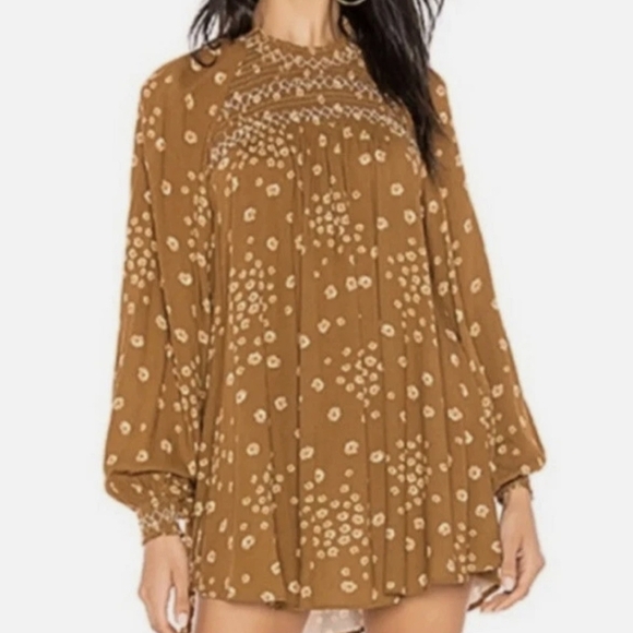 Free People Top XS Brown Flowers In Her Hair Boho Tunic - Picture 2 of 11